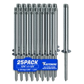 Fastenere Pop Rivets 3/16" x 1-3/8" (25 pcs) Aluminum Body Steel Mandrel - Heavy Duty, Open-End, Low Carbon, Dome Head Blind Rivets, Corrosion Resistant & High Shear Strength, 6-22 Gap 1.250" - 1.375"