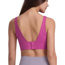 IDOPIP Women's Bra Without Underwire Sports Bra Seamless Padded Top with Closure Strong Hold Bra Deep V Back Bustier Seamless Comfortable Soft Modern Breathable Large Sizes, pink, L