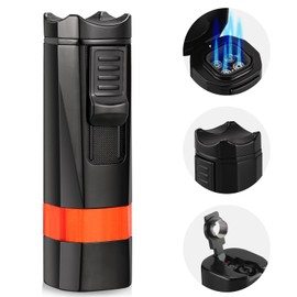 Kantion Cigar Lighter, 4 Jet Flame Torch Lighter Refillable Butane Lighter Windproof Lighter with Cigar Punch & Holder Gift for Men Women (Black, Without Gas)