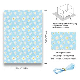 White and Yellow Daisy Floral With Green Leaves On Blue Gift Wrapping Paper With Silk Ribbon 4 Sheets For Kids Girls Boys, Flower Gift Wrap for Birthday New Baby Shower Wedding Holiday Christening and More Occasion