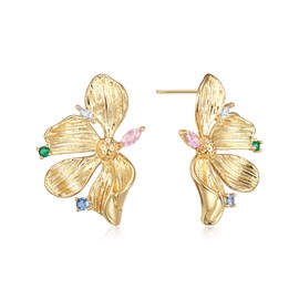 EVER FAITH Chunky Gold Statement Ohrringe für Damen, sektorierte Blume Blatt übertrieben Metall bunte CZ Trendy Blumen große Ohrstecker