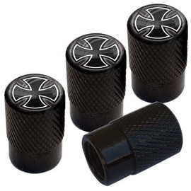 Tricktoppers Vivid Black Anodized Billet Aluminum Tire Wheel Valve Stem Dust Caps for Cars Trucks Trailers SUV's RV's Motorcycles Bikes More (Set of 4) White Iron Maltese Cross On Black