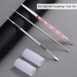 Furtherpretty 3D Nail Art Sculpting Tools Set, 3 Pack Dual-Head Carving Pens with 2 Silicone Finger Sleeves for Acrylic Gel Flowers Design, DIY Manicure Professional Salon Supplies for Nail Techs