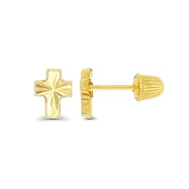 14K Yellow Solid Gold High Polished Diamond Cut Cross Screw Back Stud Earrings | Stud Earrings | Hat Screw Backs | Fine Jewelry | Solid Gold Stud Earrings for Women and Teens