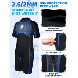 Summshall Kids Wetsuit 2.5mm Shorty One Piece Children Wetsuits UV Protection Back Zip Thermal Swimsuits for Boys Girls Keep Warm Stretch Diving Suit for Water Sport
