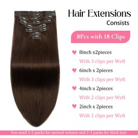 Clip in Hair Extensions Real Human Hair Clip-in Chocolate Brown Clip ins 100% Brazilian Remy Human Hair Extension for Women Girls 8pcs Per Set with 18 Clips Double Weft (18 Inch)