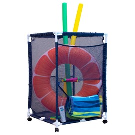 Pool Bins Rolling Pool Storage Organizer Bin, Medium (25.4" W x 25.4" L x 40" H), Blue/White