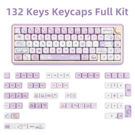 COOMICKEY Cute Purple PBT Keycaps 132 Keys Custom Keycaps MOA Profile Dye-Sublimation Keycaps，Kitty-cat Animes Keycaps Set for Cherry Gateron MX Swithes Mechanical Keyboards