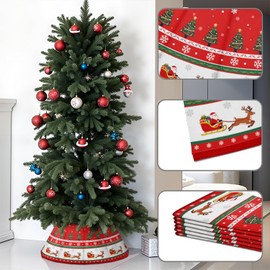 Christmas Tree Collar 25.6", Red Velvet Folable Christmas Trees Ring Skirt, Santa Claus Reindeer Snowflaks Base Stand Cover for Xmas Eve New Years Party Holiday