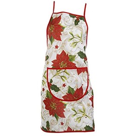 Classic Home Store Christmas Apron Festive Floral Holly Poinsettia Xmas Dinner Cooking Kitchen Pinny (28 x 30 inch), Red