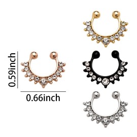 Pliwcas Rose Gold Fake Clip on Nose Rings for Women Silver Rhinestone Nose Hoop Set 4Pcs Non Piercing Nose Stud Cuff Faux Nose Ring Accessories Cubic Zirnonia Black Fake Nose Septum Ring for Men