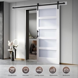 S&Z TOPHAND® 26 in x 84 in Glass Sliding MDF Barn Door with 5FT Sliding Door Hardware Kit, 5 Tempered Frosted Glass, Slab Inside Covered with Water-Proof PVC Surface, Simple DIY Assembly