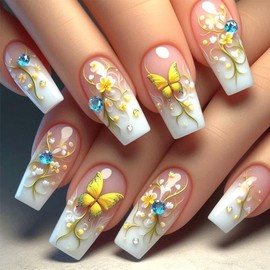 White French Tip Press on Nails Medium Coffin Fake Nails with Designs Flower Glue on Nails Yellow Butterfly Acrylic Nails Blue Rhinestone False Nails Glossy Stick on Nails for Women