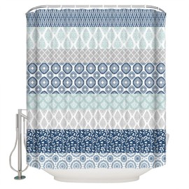Bohemian Shower Curtain for Bathroom 72" x 78", Geometric Stripe Blue Grey Shower Curtain with Hooks Polyester Waterproof Home Bathtub Decor