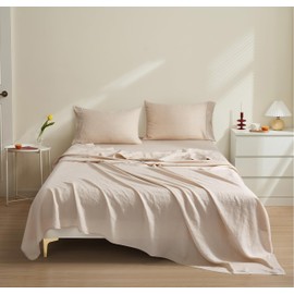 New Season Naturally Yours Linen Sheets Set - 100% European Flax Linen Sheets King, Soft, Breathable & Durable Luxury 4 Pcs Set (1 Flat Sheet, 1 Fitted Sheet, 2 Pillowcases) (Queen, Linen)