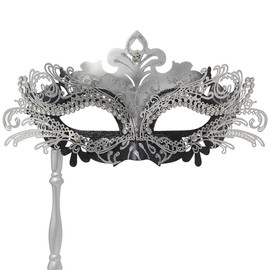 WILOVCOS Womens Masquerade Mask with Stick, Handheld Mardi Gras Mask,Venetian Party Masks (Silver & Black)