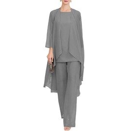 Zongqiven Chiffon Mother of The Bride Pant Suits 3Pcs Wedding Formal Outfit Set Evening Gown for Women, Grey, Large