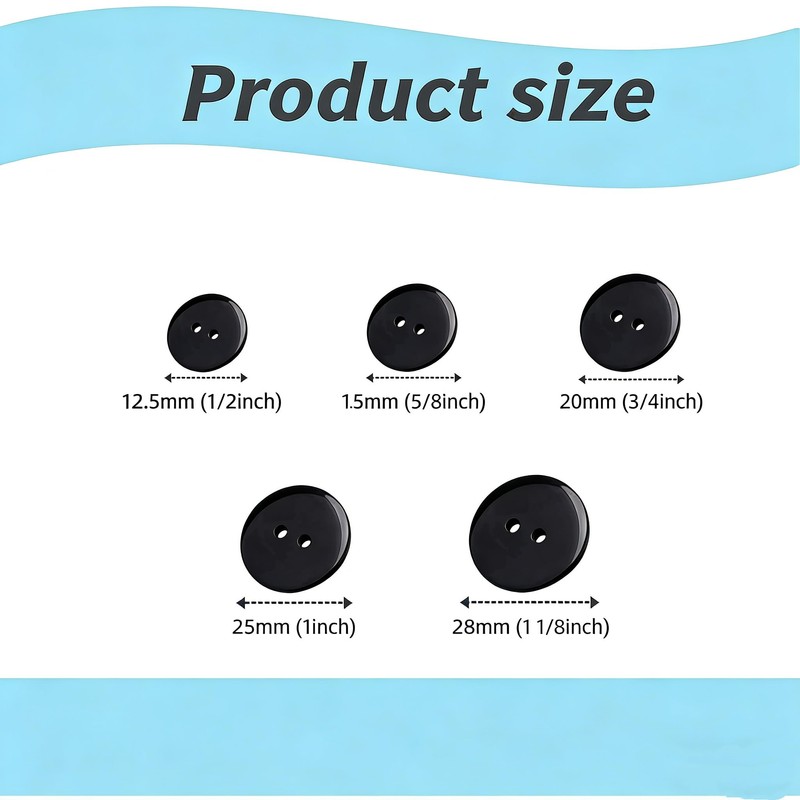 12 Pcs Sewing Buttons, 2-Hole Round Resin Buttons, Black, 15mm
