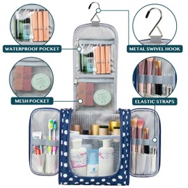 PAVILIA Hanging Toiletry Bag for Men and Women Cosmetic Makeup Organizer Kit, Navy with polka dots
