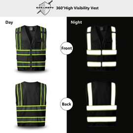 SKSAFETY 10 Pockets Safety Vest, Class 2 High Visibility Security with Zipper Back Mesh, Hi Vis Vest with Reflective Strips, ANSI/ISEA Standard, Construction Work Vest for Men ＆ Women （Black, M）