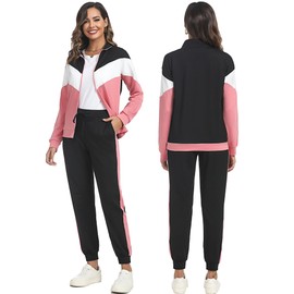 Marvmys Women 2 Pieces Outfits Tracksuits Set Long Sleeve Travel Sweatsuits Color Block Jogger Sets Pink M