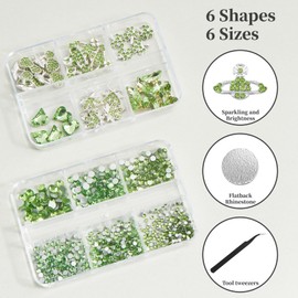 QIUTIMIY 30 PCs 3D Luxury Nail Art Charms + 650 PCs Rhinestones and Tweezers Kit Crystals Diamonds Jewelry Stones(Light Green)