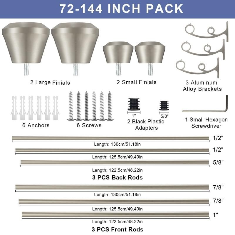 Brushed Nickel Double Curtain Rods 72 to 144 Inches, Decorative