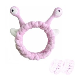 PETHOMEAU Face Wash Headband | Snail Skincare Headband | Cute Animal Head Hoop | Cartoon Fluffy Headband with Wristband for Women Girls (Pink)