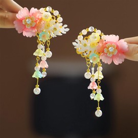1 Pair Cute Flowers Pearls Tassel Hair Clips, Chinese Ancient Style Hairpins Flower Alligator Clips, Hanfu Hair Accessories Headdress for Girls (Pink)