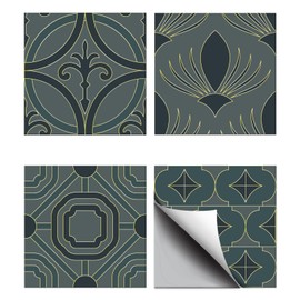 CHGCRAFT 36pcs 4 Styles Vintage Gold Border Decorative Flowers Tile Stickers Waterproof Tile Stickers Square with Flower Pattern for Kitchen Bathroom Floor Decoration,Geometric Shapes,3.9×3.9inch