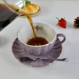 YBK Tech Strengthen Porcelain Cup and Saucer Set, 9oz Cup with Saucer - Gold Bee Inside The Cup (Purple)