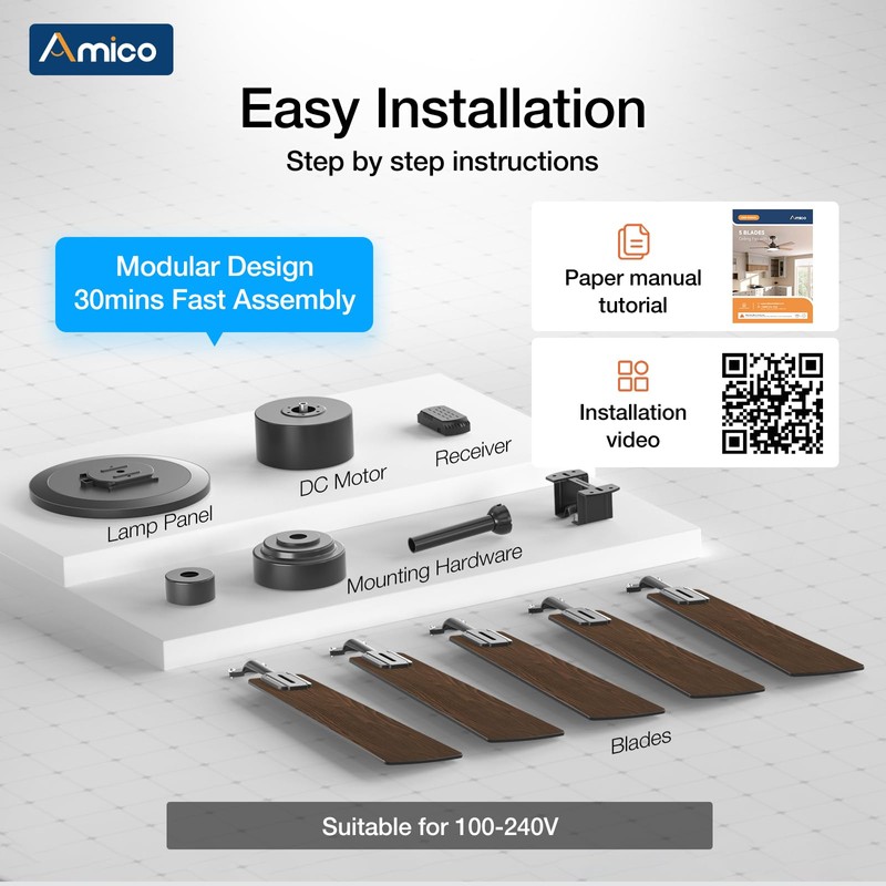 Amico 52 Inch Smart Ceiling Fan with Lights, Remote/App/Alexa/Google Control,