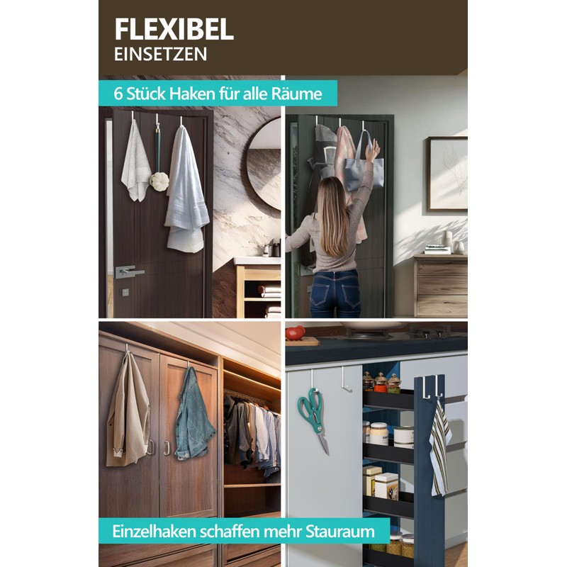 4smile Door Hooks for Hanging, Set of 6 - White