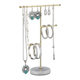 Relaxdays Jewellery Stand Marble 3 Bars Jewellery Storage Chains Earrings & Bracelets H x W x D 26 x 19 x 8 cm White/Gold