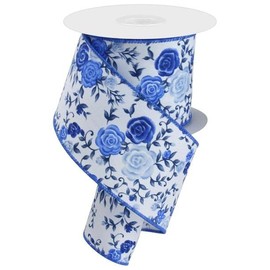 Floral Roses on Royal Canvas Wired Edge Ribbon - 10 Yards (White, Multi Blue, 2.5")