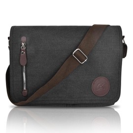 Focenat Men's Messenger Bag Shoulder Bag Laptop Bag 14 Inch Canvas and Genuine Leather Briefcase Student Bag Work Bag Men's Bag Gifts for Women Black, black