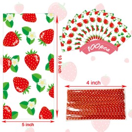 Bnsikun 100 Pieces Strawberry Cellophane Bags Strawberry Party Treat Bags Plastic Cello Candy Goodies Bag Red Strawberry Themed Birthday Party Decoration Supplies for Girls