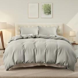 QKTE French Linen Duvet Cover Set, 3 PCS Natural French Flax Light Grey Duvet Cover Queen Size, Breathable Soft Comfy Linen Bedding Comforter Cover with 2 Pillowcases(Light Grey, 88" x 92")