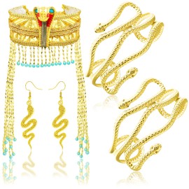 RechicGu 4 Pieces Egyptian Cleopatra Princess Costume Accessories Headband Beaded Snake Arm Cuff Headpiece Hair Crown Head dress Set Women