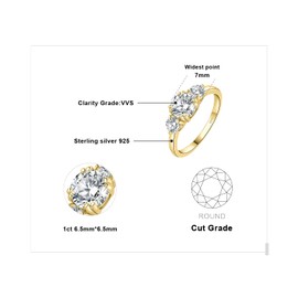 JewelryPalace Classic GRA 3 Stones 1ct Moissanite Engagement Rings for Women, 14k Yellow Gold Plated 925 Sterling Silver Promise Ring for Her, Round Cut Simulated Diamond Wedding Rings Size 8