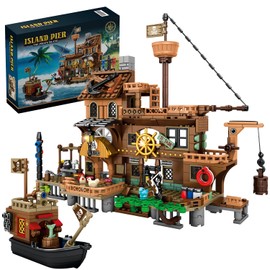 RiceBlock Pirate Ship Building Toys, Pirate Wharf Themed City Store Building Bricks Sets for Boys Age 8-12, 573 Pieces, Ideal for New Year 2024