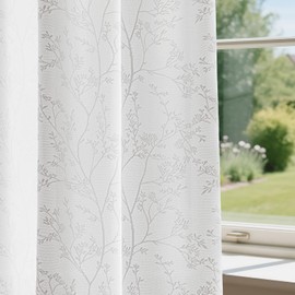 Anmao White Semi Sheer Non-See-Through Curtains 63 Inch Length 2 Panels, Branch Pattern Drapes for Living Room Bedroom, Rod Pocket Light Filtering Privacy Window Treatments with Floral, 52x63 Inch