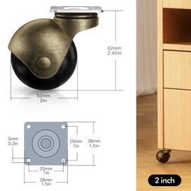 ANDUTEES 2 Inch Ball Furniture Caster Wheels, Brass Casters Set of 4, Plate Swivel Castor Wheels for Furniture, Kitchen, Cabinet, Table, Max Load Capacity 400 LBS(with Screws)