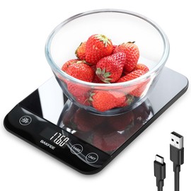 BAKFEE 33LB Digital Kitchen Scale with Tempered Glass, Rechargeable Food Scale Grams and Ounces, USB Charging, 1g High Accuracy for Baking and Cooking, Food, etc
