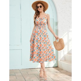 Meetjen Women's Casual Summer Dress Midi 2025 Floral Boho Dresses Spring Sleeveless Square Neck Sundress Orange Blue 2XL