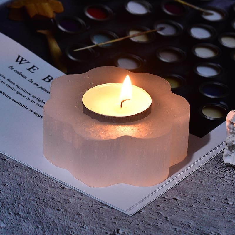 AMOYSTONE Selenite Tealight Holders Small Sunflower Shaped Crystal Candle Holders