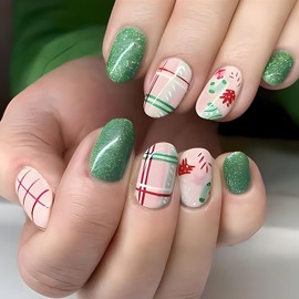 RIICFDD Christmas Press on Nails Short Almond Fake Nails Green Glitter Acrylic Nails Xmas Tree Glue on Nails Christmas Socks Stick on Nails Full Cover False Nails for Women Nail Decor 24 Pcs