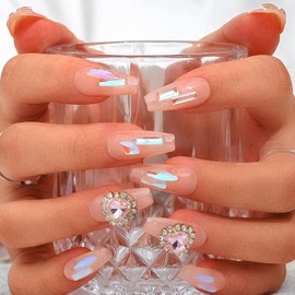 Sethexy Handmade Long Coffin False Nails Aurora Gradient Fake Nails Rhinestone Glitter Glossy Press On Nails Crystal Acrylic Sparkle Salon Quality Nail Art Removable for Women and Girls (A)