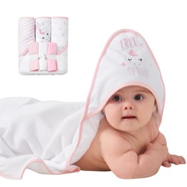 Viviland Baby Towels and Baby Wash Cloths Set Hooded Baby Towels Baby Wipes Absorbent Bath Face Towels Burp Cloths or Face Towels for Girl Boy 6-Pack Size 28 x 28 Inch(Pink Unicorn)