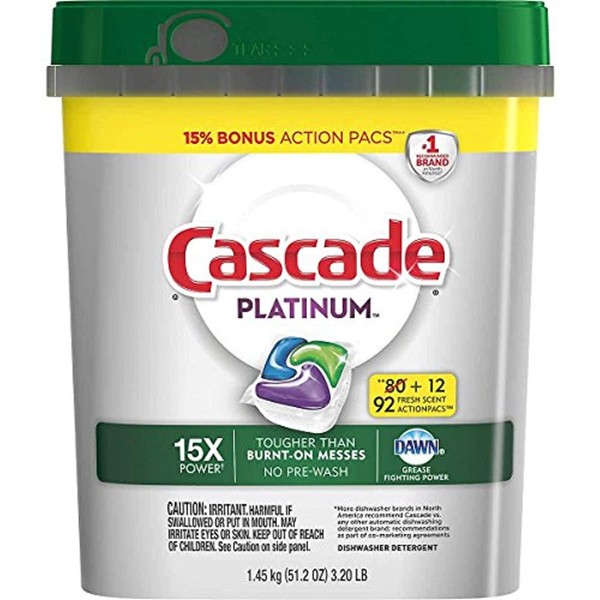 Cascade Platinum Dishwasher Detergent, 16x Strength With Dawn Grease Fighting Power, Fresh Scent (92 Count)
